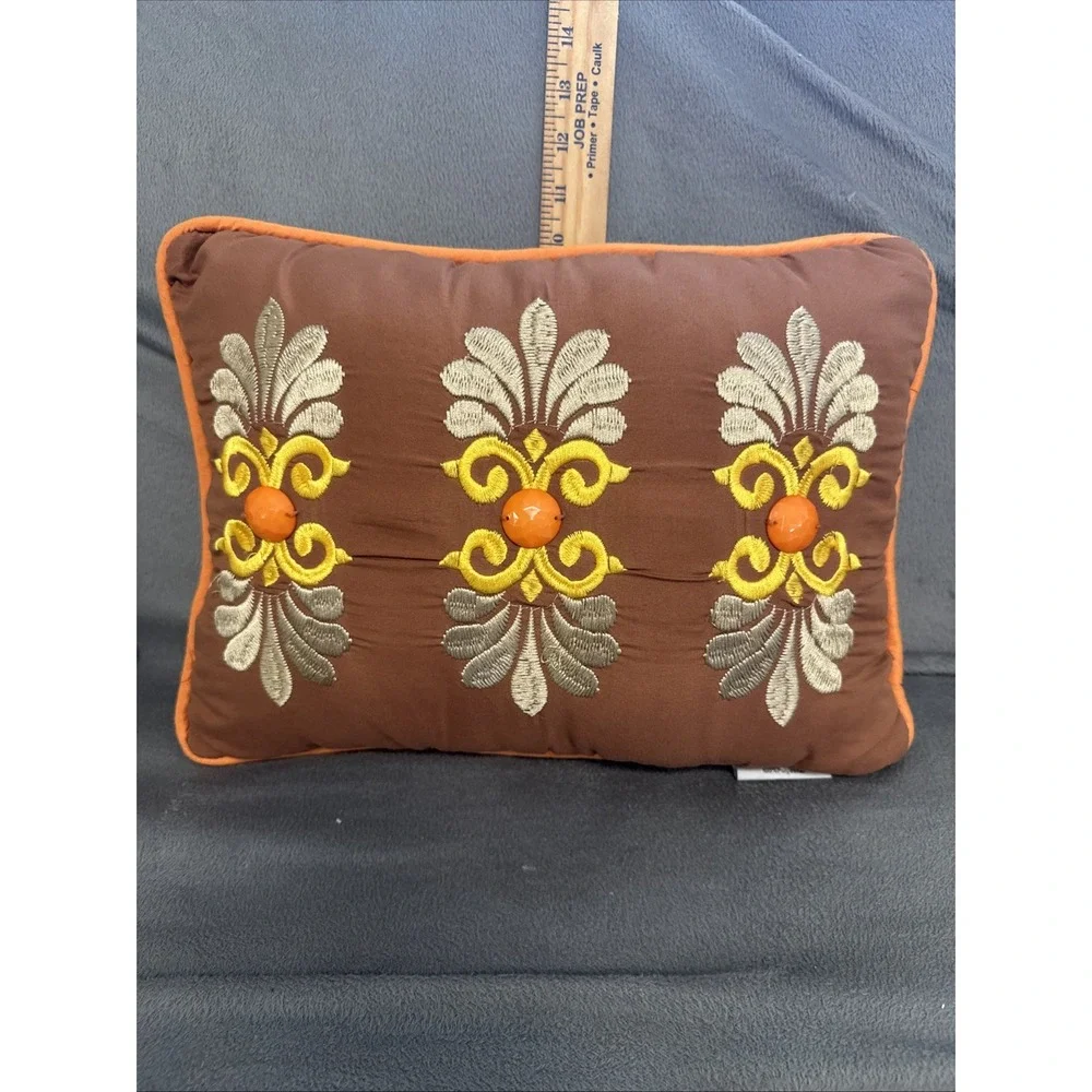 Brown Embroidered Decorative Throw Pillow Orange Gold Medallion 12x16 RN 91519
